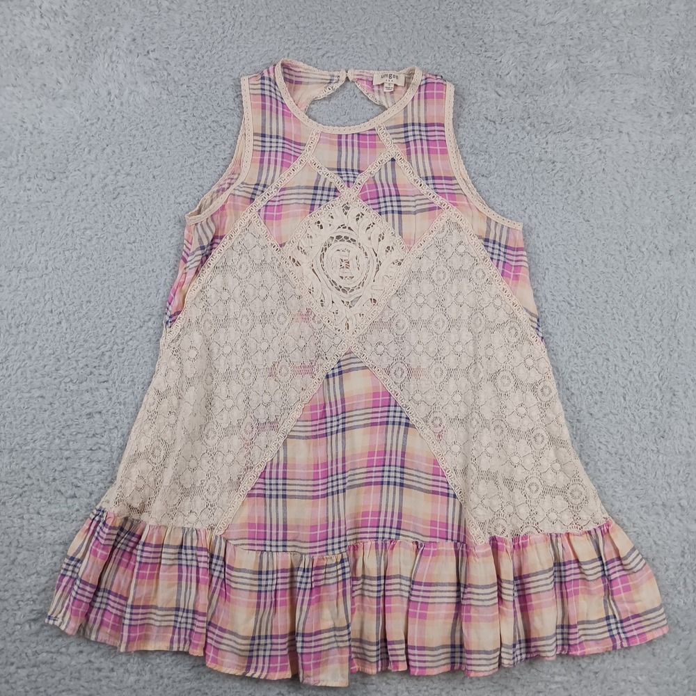 Umgee Plaid Tunic Women Small Pink Crochet Lace Ruffle Boho Sleeveless H2188